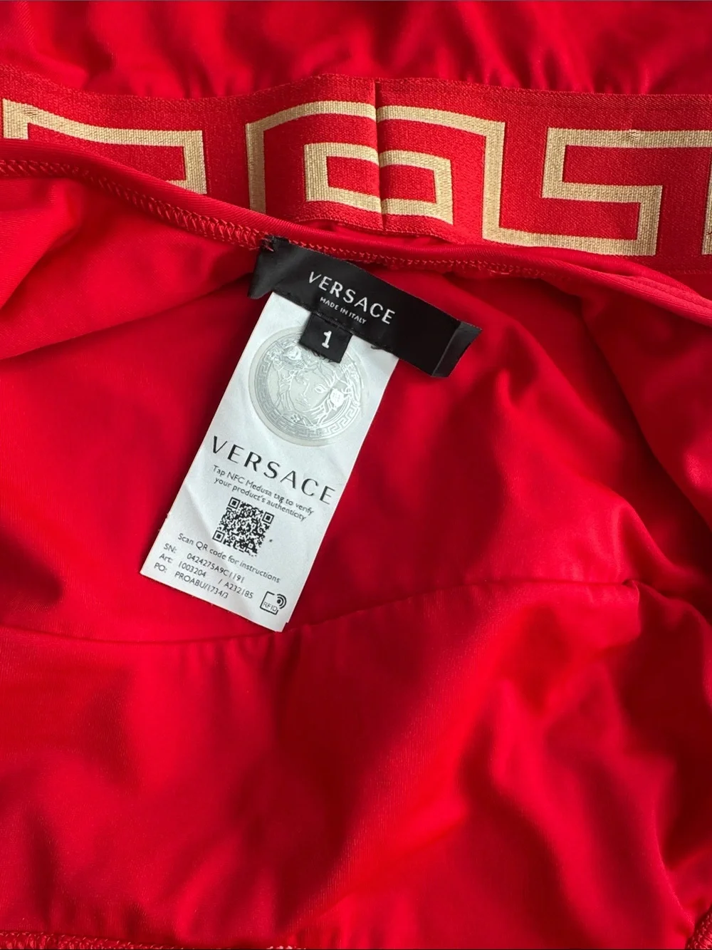 Versace Red One-Piece Swimsuit with Gold Greek Key Waistband